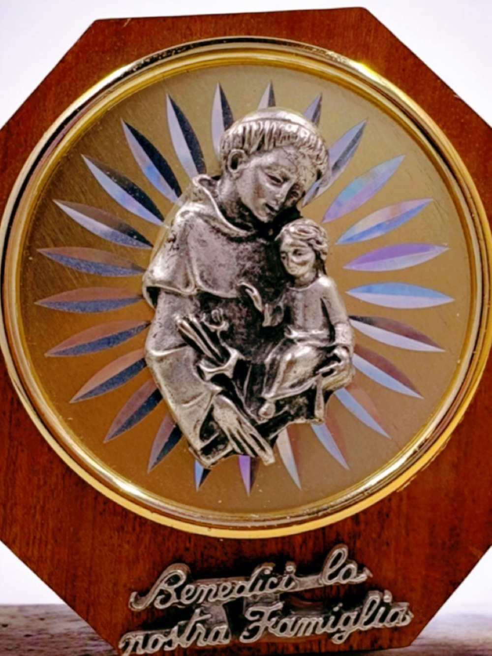 VTG St Anthony Of Padua Jesus Christ Child  Wooden Base Embossed Metal Italy